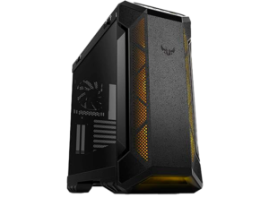 Imagen de un chasis para computadora marca ASUS TUF, de color negro con detalles en amarillo y el logo de TUF en la parte superior frontal. La torre tiene un diseño robusto y angular, con rejillas de ventilación a los lados y en la parte trasera.