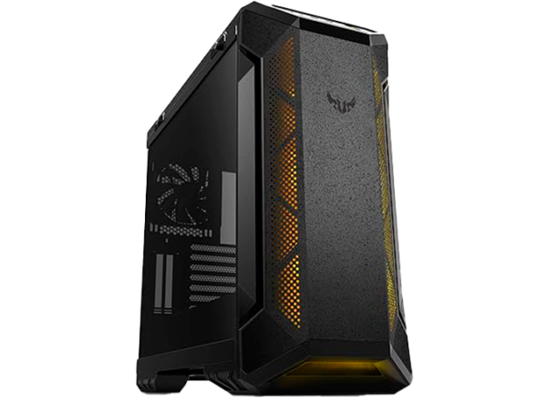 Imagen de un chasis para computadora marca ASUS TUF, de color negro con detalles en amarillo y el logo de TUF en la parte superior frontal. La torre tiene un diseño robusto y angular, con rejillas de ventilación a los lados y en la parte trasera.